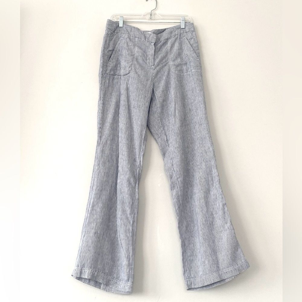 Chico's Linen Blue Gray Marin Pants Relaxed & Wide Leg M Chic Luxury Coastal